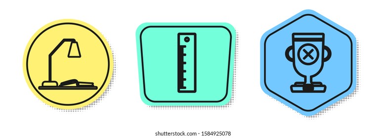 Set line Workplace with table lamp and open book, Ruler and Award cup. Colored shapes. Vector