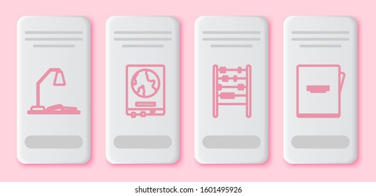 Set line Workplace with table lamp and open book, World map on a school blackboard, Abacus and Notebook. White rectangle button. Vector