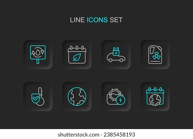 Set line World Earth day, Water mill, globe, Thermometer, Radioactive waste in barrel, Electric car, Calendar with autumn leaves and Recycle clean aqua icon. Vector