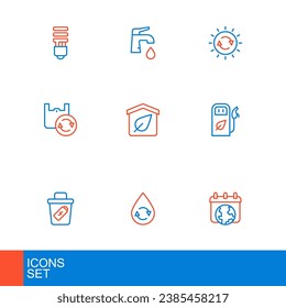 Set line World Earth day, Recycle clean aqua, Trash can, Petrol gas station, Shopping bag with recycle, Eco friendly house, Solar energy panel and Water tap icon. Vector