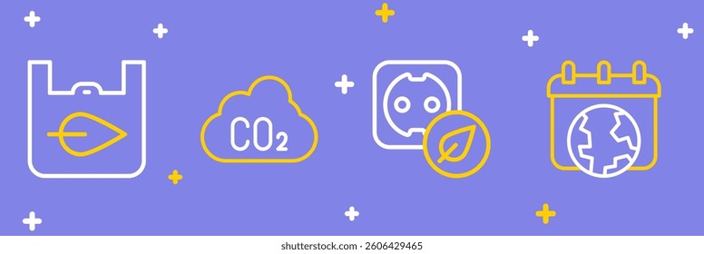 Set line World Earth day, Electrical outlet, CO2 emissions in cloud and Shopping bag with recycle icon. Vector