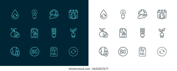 Set line World Earth day, Banner for bio, LED light bulb, Bio fuel canister, Radioactive waste in barrel, Hand holding globe, Recycle clean aqua and Light with leaf icon. Vector