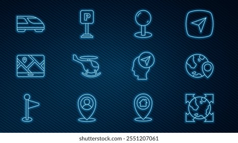 Set line World globe with compass, Location on the, Push pin, Helicopter, City map navigation, High-speed train, person and Parking icon. Vector