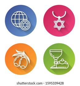 Set line World Globe and Israel, Star of David necklace on chain, Olives branch and Jewish goblet and hanukkah sufganiyot. Color circle button. Vector