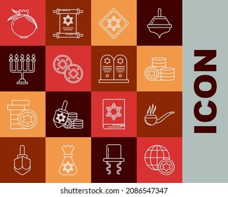 Set line World Globe and Israel, Smoking pipe with smoke, Jewish coin, Star of David, Hanukkah menorah, Pomegranate and Tombstone star david icon. Vector