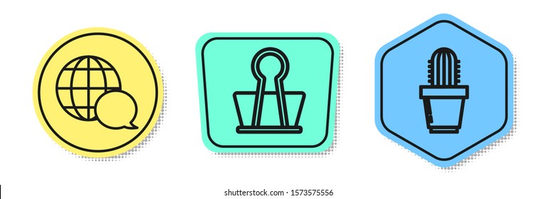 Set line World map made from speech bubble, Binder clip and Cactus and succulent in pot. Colored shapes. Vector
