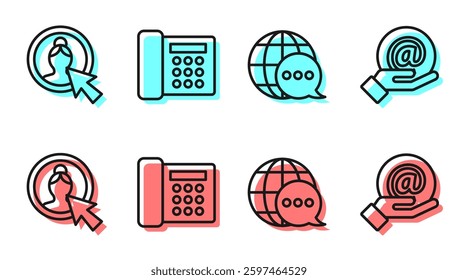 Set line World map made from speech bubble, Create account screen, Telephone and Mail and e-mail in hand icon. Vector