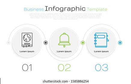 Set line World map on a school blackboard, Ringing bell and Notebook. Business infographic template. Vector