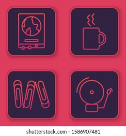 Set line World map on a school blackboard, Paper clip, Coffee cup and Ringing alarm bell. Blue square button. Vector