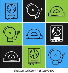 Set line World map on a school blackboard, Protractor grid for measuring degrees and Ringing alarm bell icon. Vector