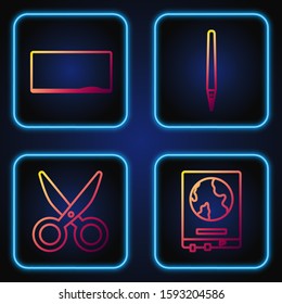 Set line World map on a school blackboard, Scissors, Chalkboard and Pen. Gradient color icons. Vector