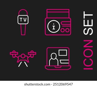 Set line World news, Drone, News radio channel and Microphone icon. Vector
