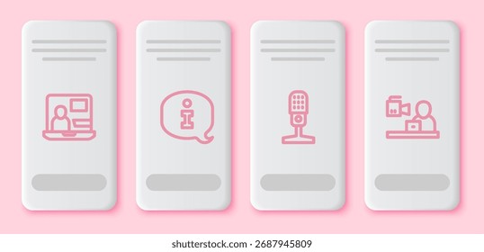 Set line Noticias mundiales, Información, Micrófono y Breaking. Botón rectángulo blanco. Vector