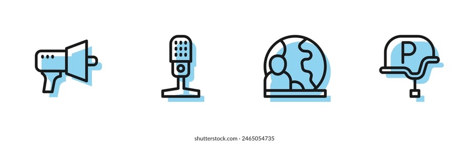 Set line World news, Megaphone, Microphone and War journalist icon. Vector