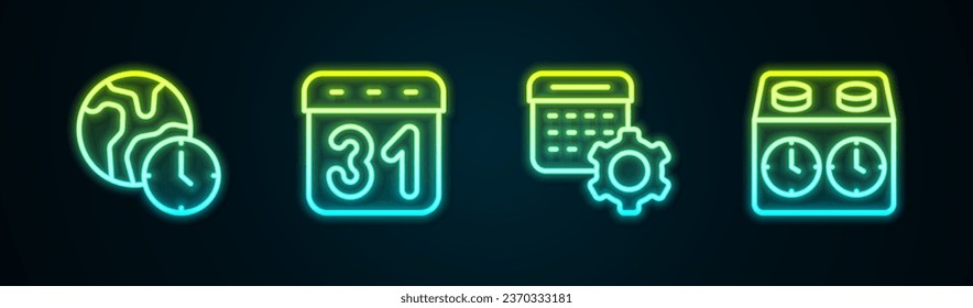 Set line World time, Calendar, settings and Time chess clock. Glowing neon icon. Vector