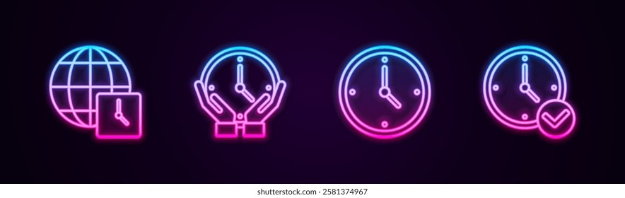 Set line World time, Clock,  and . Glowing neon icon. Vector