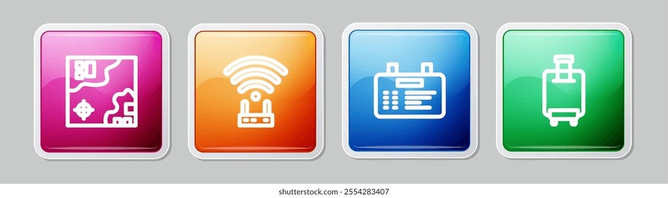 Set line World travel map, Router and wi-fi signal, Airport board and Suitcase. Colorful square button. Vector