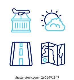 Set line World travel map, Airport runway, Sun and cloud weather and Plane icon. Vector