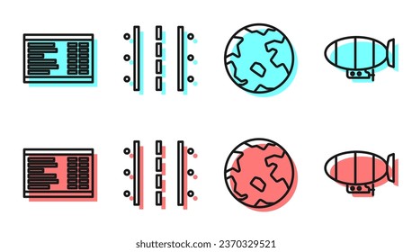 Set line Worldwide, Airport board, Airport runway and Airship icon. Vector