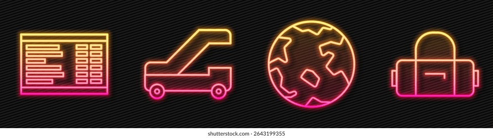 Set line Worldwide, Airport board, Passenger ladder for plane boarding and Suitcase. Glowing neon icon. Vector