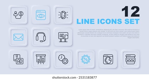Definir linha Mundial, janela Navegador, Fones de ouvido, etiqueta de percentual de desconto, E-mail e e-mail, Tabuleiro com gráfico, Coleta de informações pessoais e ícone de gerenciamento de tempo. Vetor