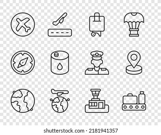 Set line Worldwide, Conveyor belt with suitcase, Suitcase, Globe flying plane, Plane, Barrel oil, Airport control tower and Location icon. Vector