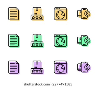 Set line Worldwide, File document, Consumer product rating and Mobile with dollar icon. Vector