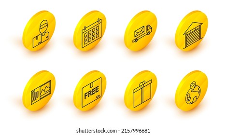 Set line Worldwide, Gift box, Cardboard with free symbol, Postcard, Closed warehouse, truck, Calendar and Delivery man cardboard boxes icon. Vector