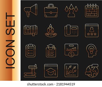 Set line Worldwide, Human with lamp bulb, Customer product rating, Front end development, expansion, Reading book, Megaphone and Telephone 24 hours support icon. Vector