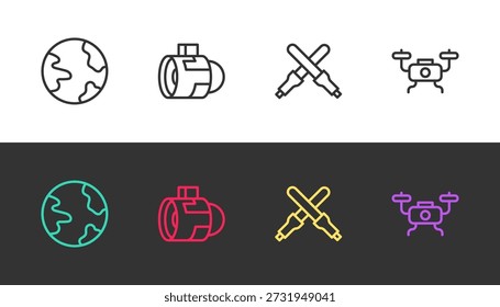 Set Line Worldwide, Jet-Turbine, Marshalling-Ruder und Drohne fliegen auf schwarz-weiß. Vektorgrafik