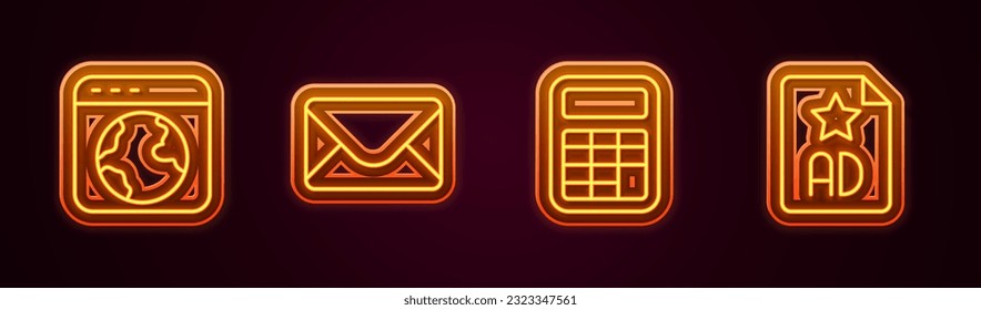 Set line Worldwide, Mail and e-mail, Calculator and Advertising. Glowing neon icon. Vector