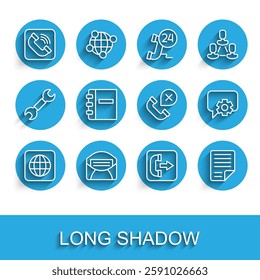 Set line Worldwide, Mail and e-mail, Telephone handset, Outgoing call, File document, Notebook, 24 hours support and Declined missed icon. Vector