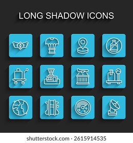 Set line Worldwide, Parachute, Aviation emblem, Radar with targets monitor, Airport control tower, Scale suitcase and Plane icon. Vector