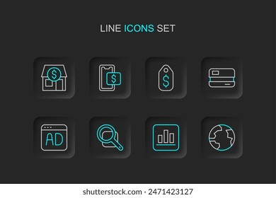 Set line Worldwide, Pie chart infographic, Magnifying glass, Advertising, Credit card, Price tag with dollar, Mobile shopping and Market store icon. Vector