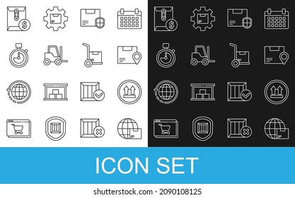 Set line Worldwide shipping and box, This side up, Location with cardboard, Delivery security shield, Forklift truck, Stopwatch, Envelope dollar symbol and Hand boxes icon. Vector
