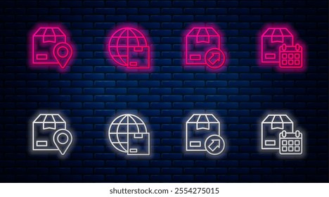 Set line Worldwide shipping, Carton cardboard box, Location with and Cardboard calendar. Glowing neon icon on brick wall. Vector