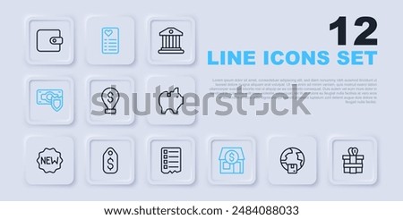 Set line Worldwide shipping, Gift box, Cash location, Market store, Money with shield, Price tag dollar, Shopping list and  icon. Vector