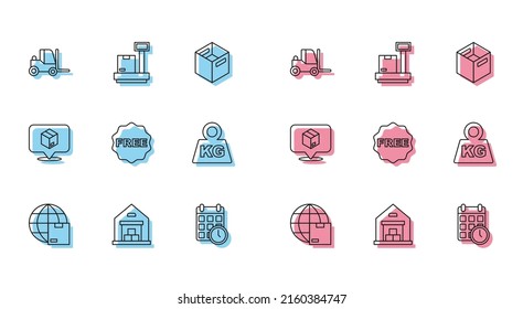 Set line Worldwide shipping, Warehouse, Forklift truck, Cardboard box with calendar, rice tag Free, Weight, Location cardboard and Scale icon. Vector