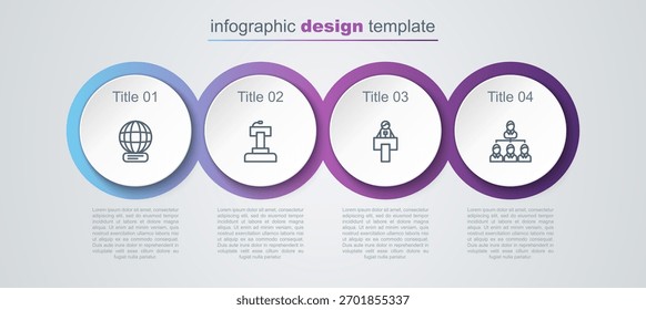 Fije la línea en todo el mundo, tribuna del soporte del escenario y organigrama de la jerarquía. Plantilla de infografía de negocios. Vector