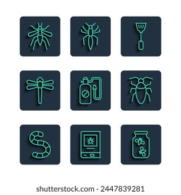 Set line Worm, Book about insect, Fireflies bugs jar, Fly swatter, Pressure sprayer, Dragonfly, Mosquito and Cockroach icon. Vector