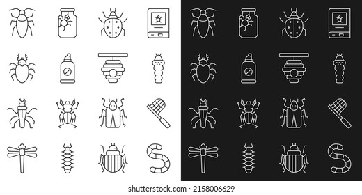 Set line Worm, Butterfly net, Larva insect, Mite, Spray against insects, Beetle deer, Cockroach and Hive for bees icon. Vector