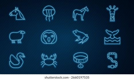 Set-Linie Wurm, Wal Schwanz in Ozeanwelle, Pferd, Eule Vogel, Schaf, Kopf, Frosch und Quallen-Symbol. Vektorgrafik