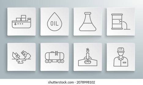 Set line Wrecked oil tanker ship, Oil drop, railway cistern, rig with fire, Oilman, petrol test tube, Barrel leak and  icon. Vector