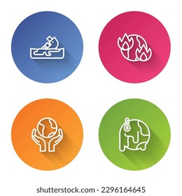 Set line Wrecked oil tanker ship, Global warming fire, Hands holding Earth globe and . Color circle button. Vector
