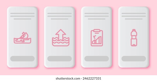 Set line Wrecked oil tanker ship, Rise in water level, Global warming and Bottle of. White rectangle button. Vector