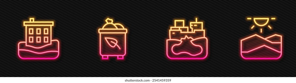 Set line Wrecked oil tanker ship, House flood, Recycle bin with recycle and Drought. Glowing neon icon. Vector