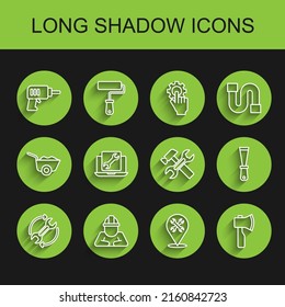 Set line Wrench and arrows as workflow, Builder, Electric drill machine, Location with wrench, Wooden axe, Laptop service, Putty knife and Hammer icon. Vector