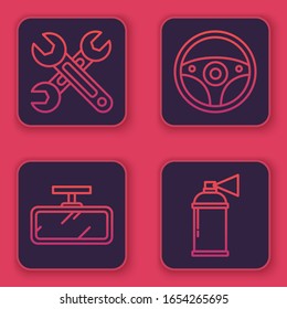 Set line Wrench, Car mirror, Steering wheel and Paint spray can. Blue square button. Vector