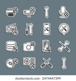 Set line Wrench, Crossed screwdriver and wrench, Location service, Screwdriver, Radio, Printer and Smartphone icon. Vector