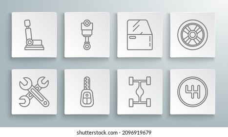 Set line Wrench, Engine piston, Car key with remote, Chassis car, Gear shifter, door, wheel and seat icon. Vector